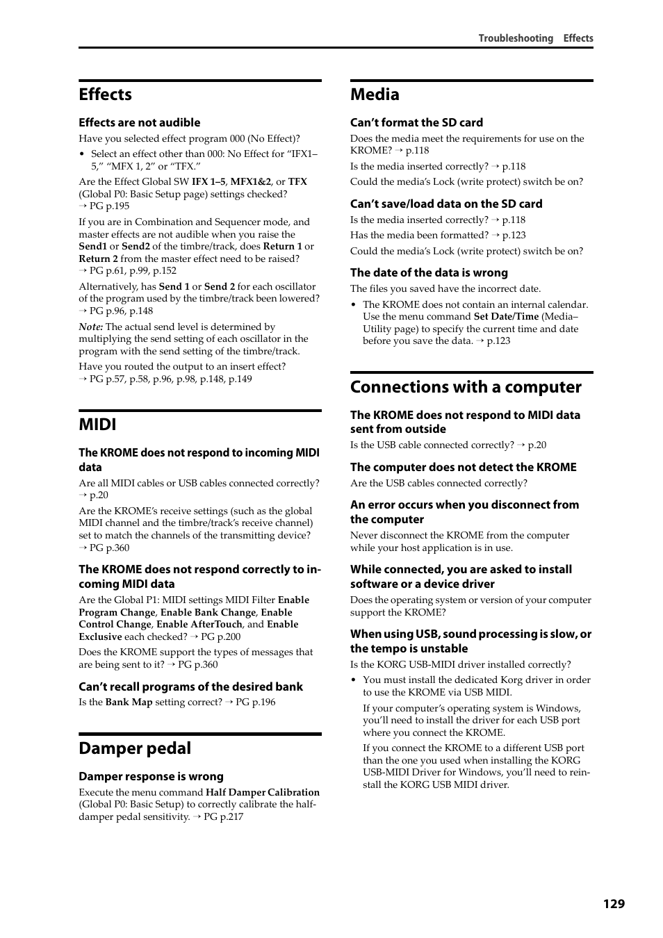 Effects, Midi, Damper pedal | Media, Connections with a computer | KORG Krome music workstasion 61key User Manual | Page 133 / 142