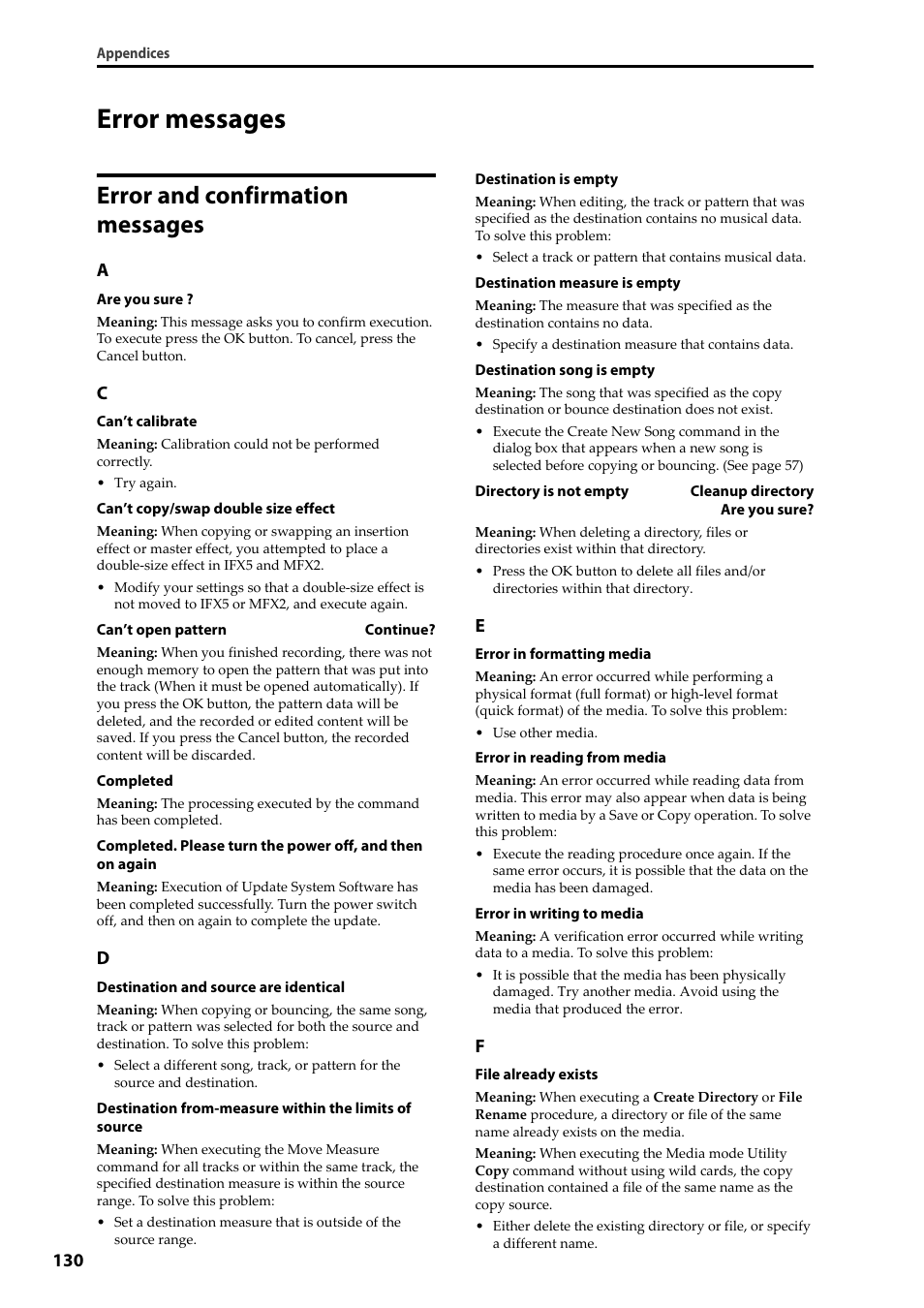 Error messages, Error and confirmation messages, Error messages error and confirmation messages | KORG Krome music workstasion 61key User Manual | Page 134 / 142