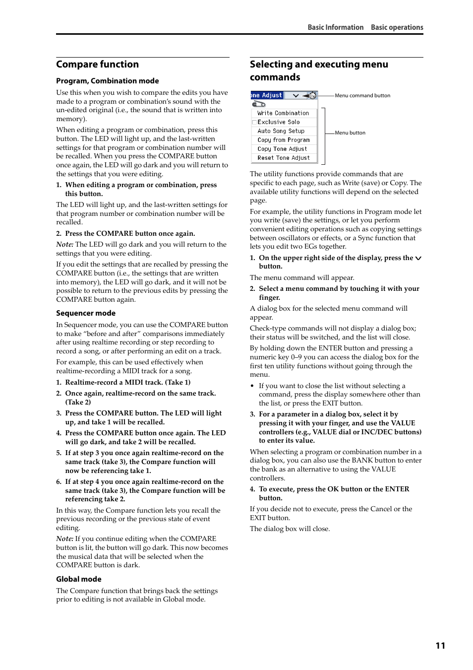 Compare function, Selecting and executing menu commands | KORG Krome music workstasion 61key User Manual | Page 15 / 142