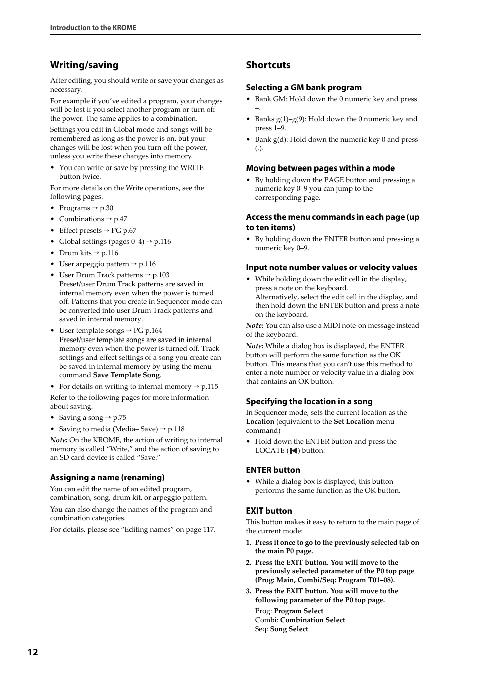 Writing/saving, Shortcuts | KORG Krome music workstasion 61key User Manual | Page 16 / 142