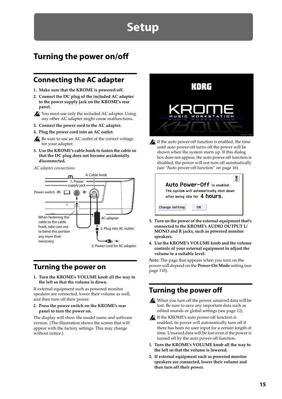 Setup, Turning the power on/off, Connecting the ac adapter | Turning the power on, Turning the power off | KORG Krome music workstasion 61key User Manual | Page 19 / 142