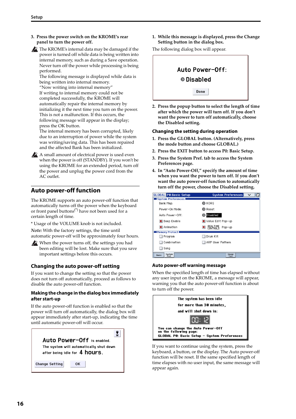 Auto power-off function | KORG Krome music workstasion 61key User Manual | Page 20 / 142