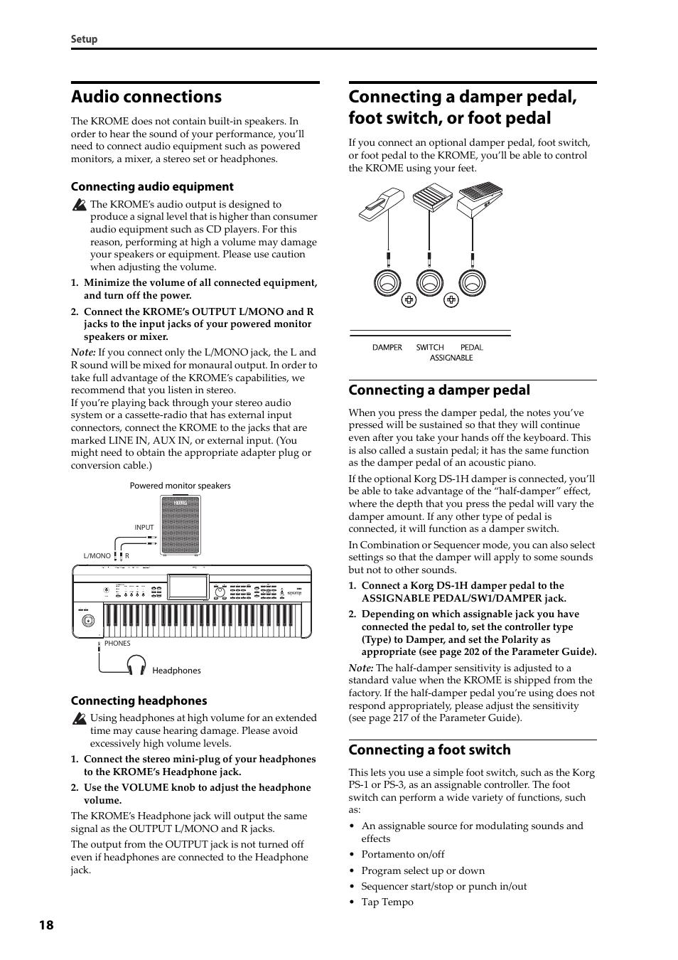 Audio connections, Foot pedal, Connecting a damper pedal | Connecting a foot switch | KORG Krome music workstasion 61key User Manual | Page 22 / 142