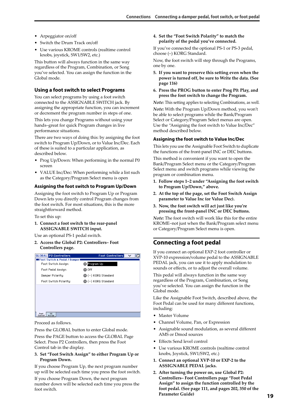Connecting a foot pedal | KORG Krome music workstasion 61key User Manual | Page 23 / 142