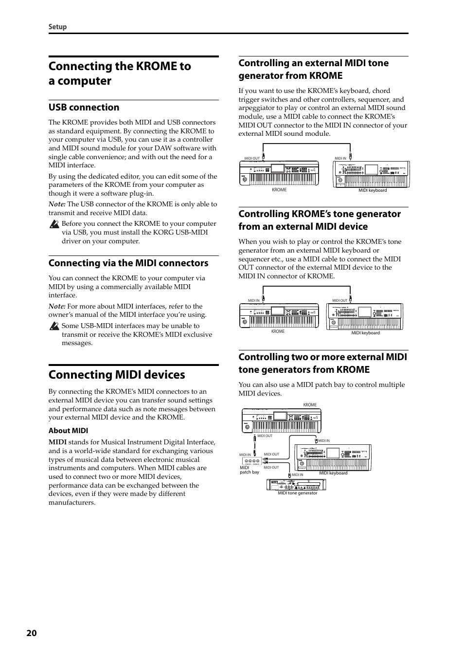Connecting the krome to a computer, Connecting midi devices, Usb connection | Connecting via the midi connectors | KORG Krome music workstasion 61key User Manual | Page 24 / 142