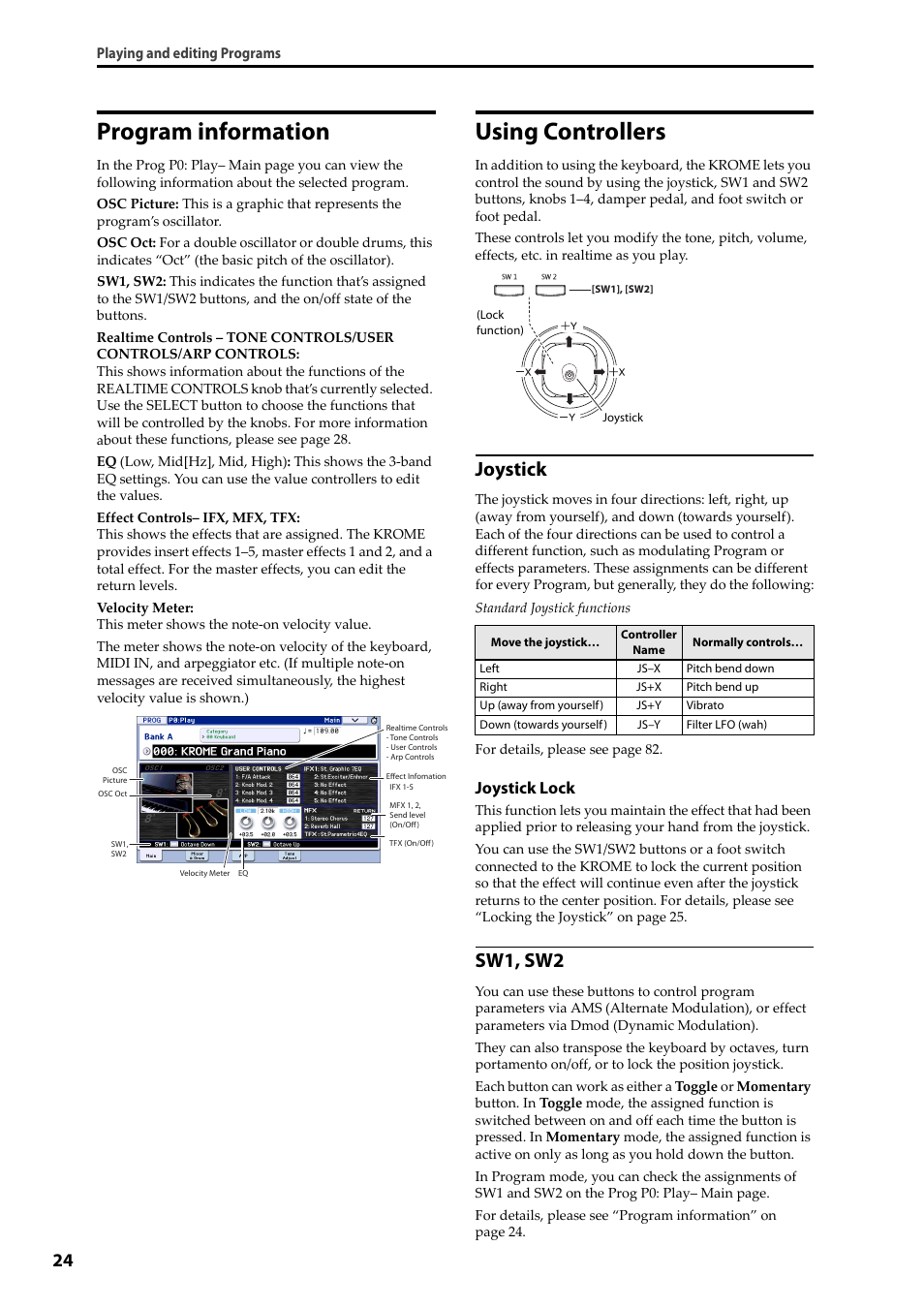 Program information, Using controllers, Program information using controllers | Joystick, Sw1, sw2, Joystick lock | KORG Krome music workstasion 61key User Manual | Page 28 / 142