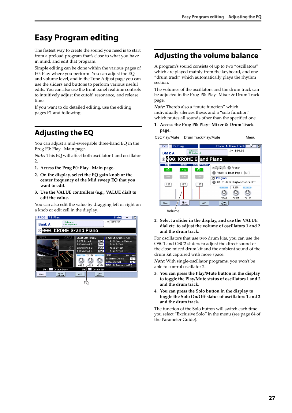 Easy program editing, Adjusting the eq, Adjusting the volume balance | KORG Krome music workstasion 61key User Manual | Page 31 / 142