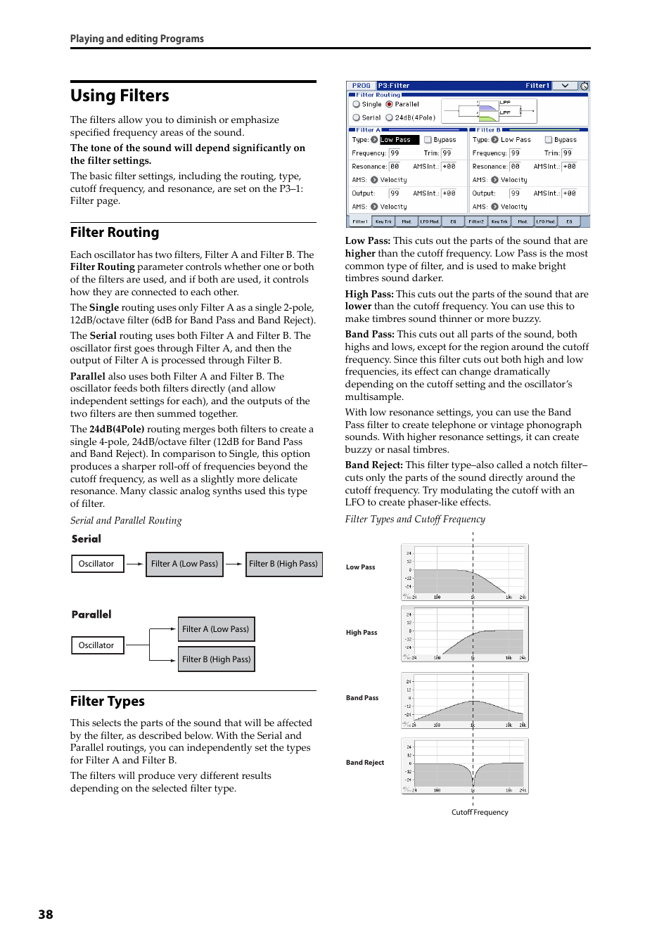 Using filters, Filter routing, Filter types | KORG Krome music workstasion 61key User Manual | Page 42 / 142