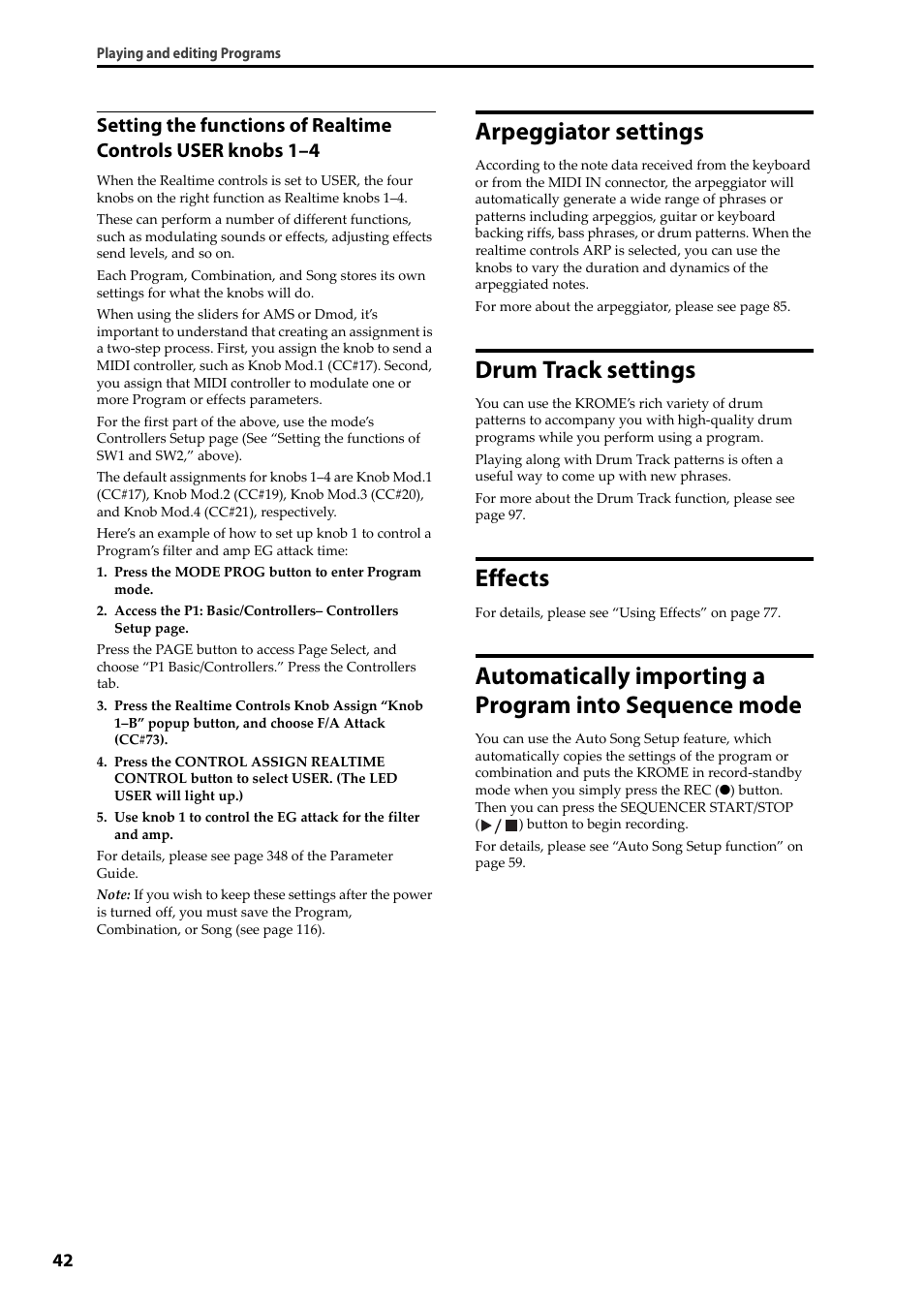 Arpeggiator settings, Drum track settings, Effects | Arpeggiator settings drum track settings, Effects automatically importing a program, Into sequence mode | KORG Krome music workstasion 61key User Manual | Page 46 / 142