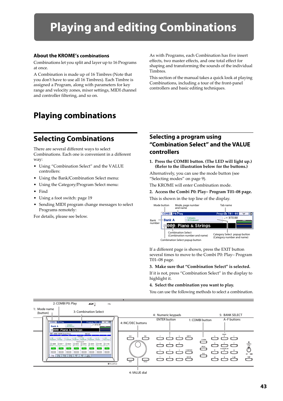 Playing and editing combinations, Playing combinations, Selecting combinations | Playing combinations selecting combinations | KORG Krome music workstasion 61key User Manual | Page 47 / 142