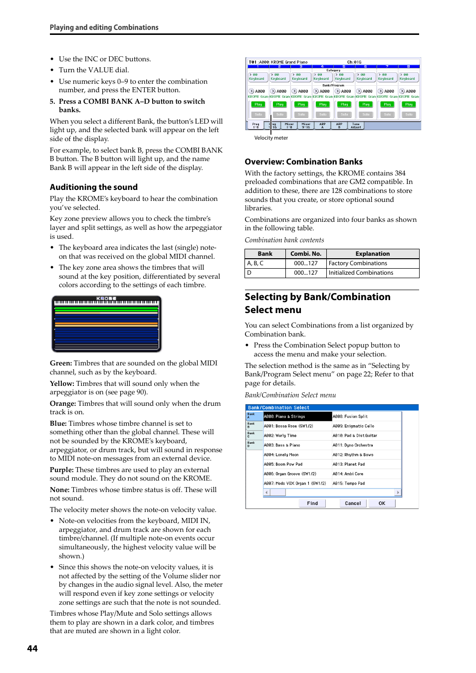Selecting by bank/combination select menu | KORG Krome music workstasion 61key User Manual | Page 48 / 142