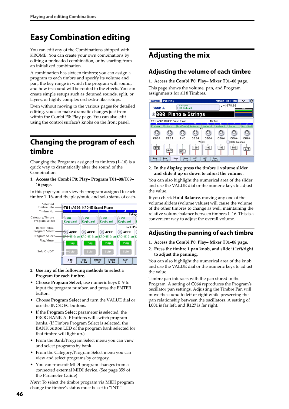 Easy combination editing, Changing the program of each timbre, Adjusting the mix | Adjusting the volume of each timbre, Adjusting the panning of each timbre | KORG Krome music workstasion 61key User Manual | Page 50 / 142