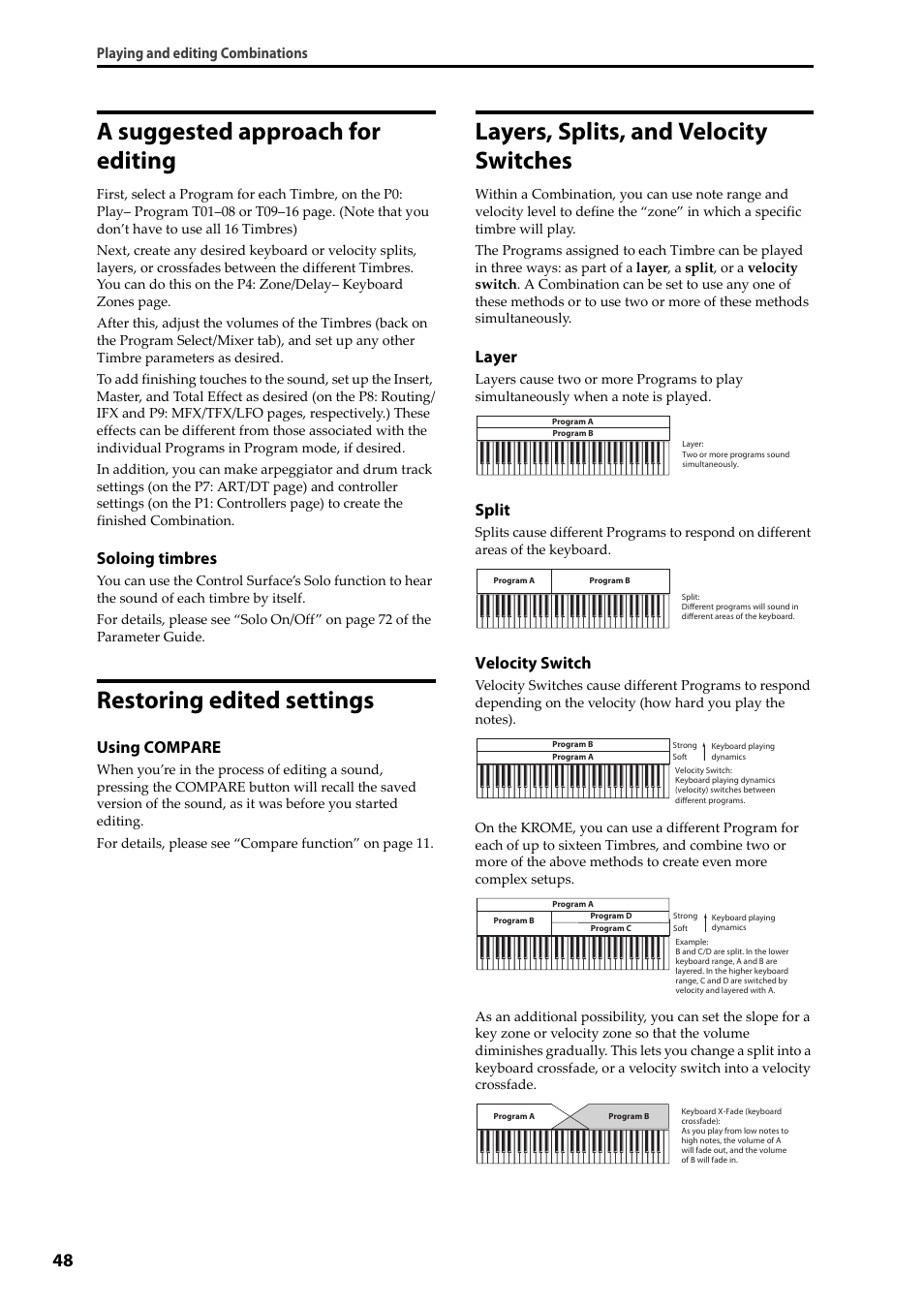 A suggested approach for editing, Restoring edited settings, Layers, splits, and velocity switches | Soloing timbres, Using compare, Layer, Split, Velocity switch | KORG Krome music workstasion 61key User Manual | Page 52 / 142
