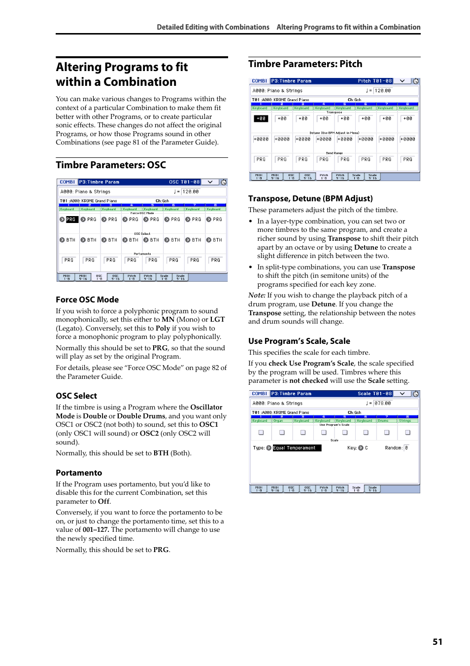 Altering programs to fit within a combination, Timbre parameters: osc, Timbre parameters: pitch | KORG Krome music workstasion 61key User Manual | Page 55 / 142