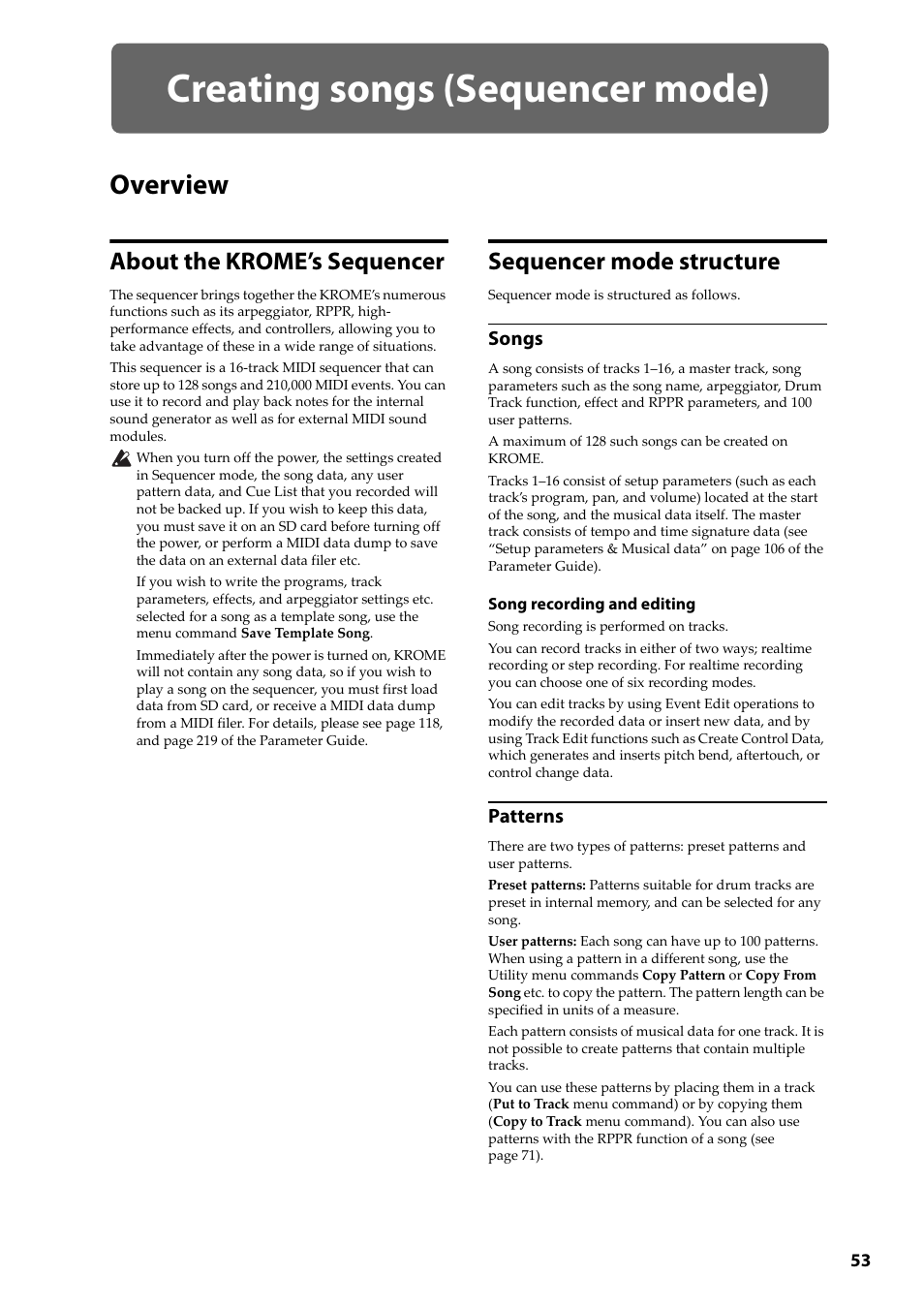 Creating songs (sequencer mode), Overview, About the krome’s sequencer | Sequencer mode structure | KORG Krome music workstasion 61key User Manual | Page 57 / 142