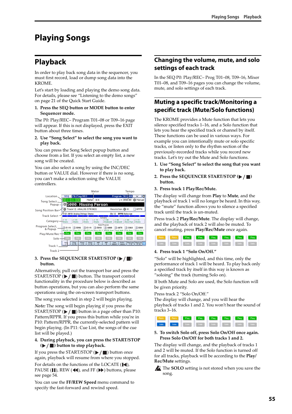 Playing songs, Playback, Playing songs playback | KORG Krome music workstasion 61key User Manual | Page 59 / 142