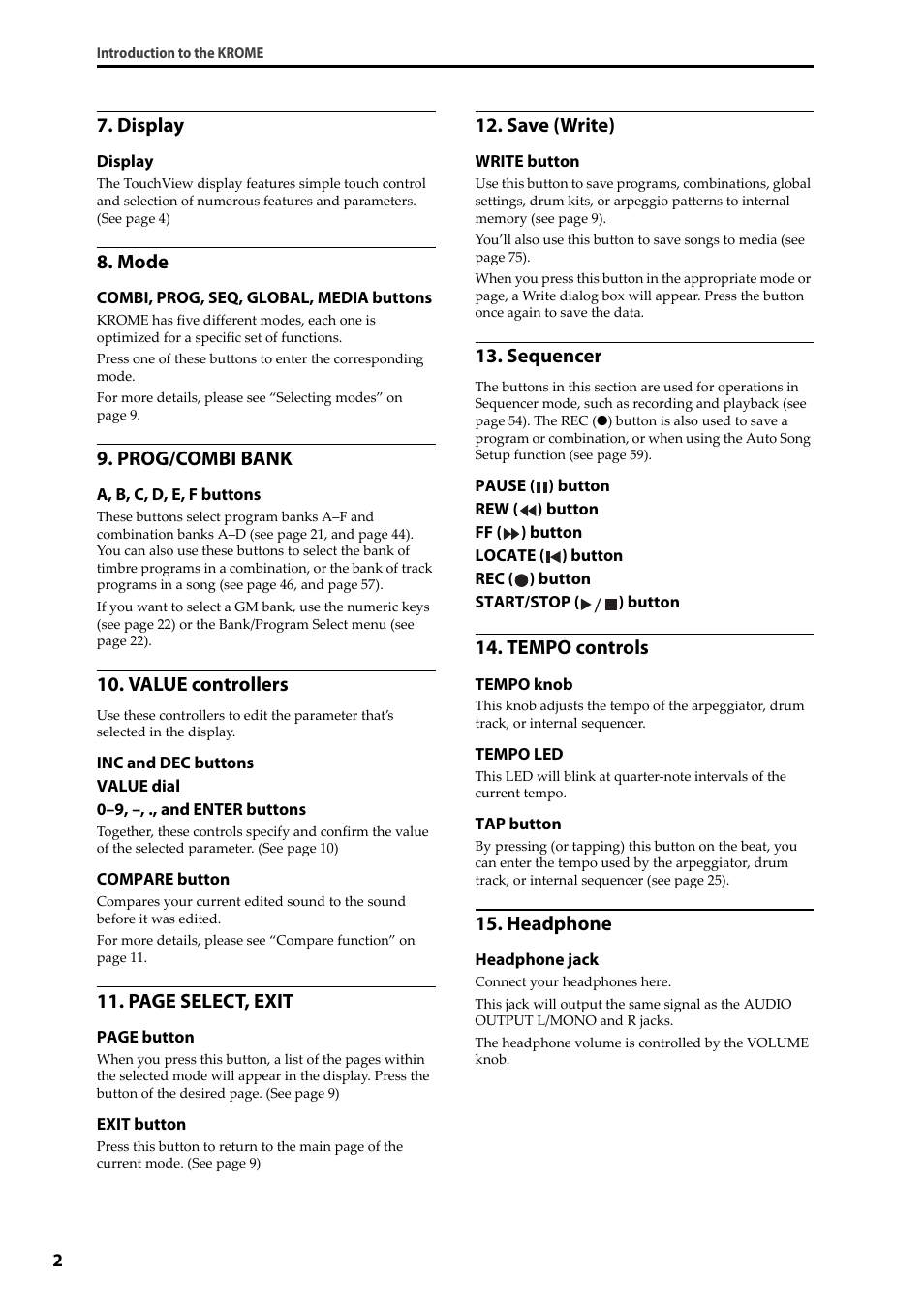 Display, Mode, Prog/combi bank | Value controllers, Page select, exit, Save (write), Sequencer, Tempo controls, Headphone | KORG Krome music workstasion 61key User Manual | Page 6 / 142