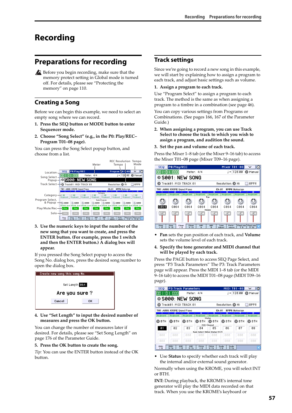 Recording, Preparations for recording, Recording preparations for recording | Creating a song, Track settings | KORG Krome music workstasion 61key User Manual | Page 61 / 142