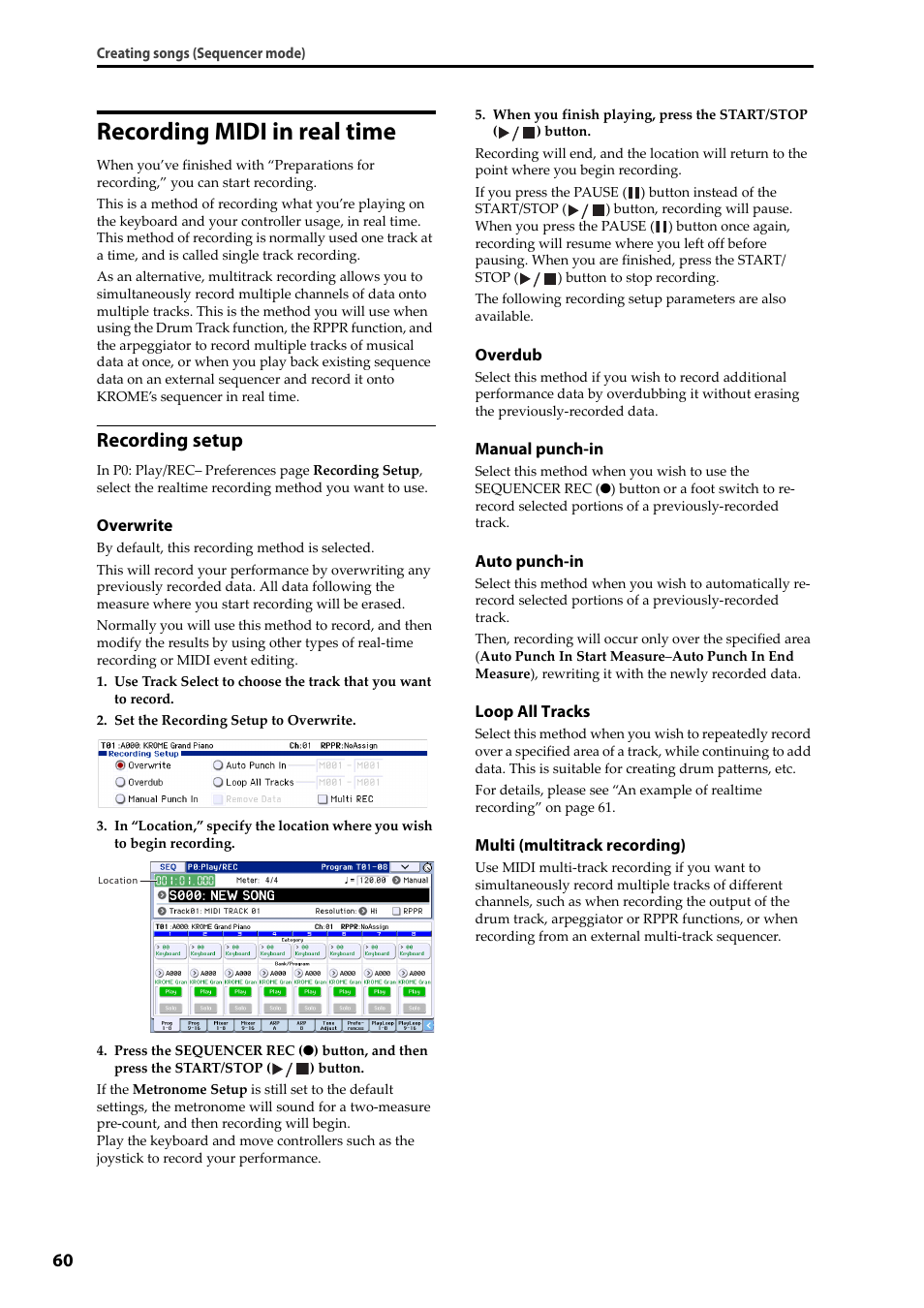 Recording midi in real time, Recording setup | KORG Krome music workstasion 61key User Manual | Page 64 / 142
