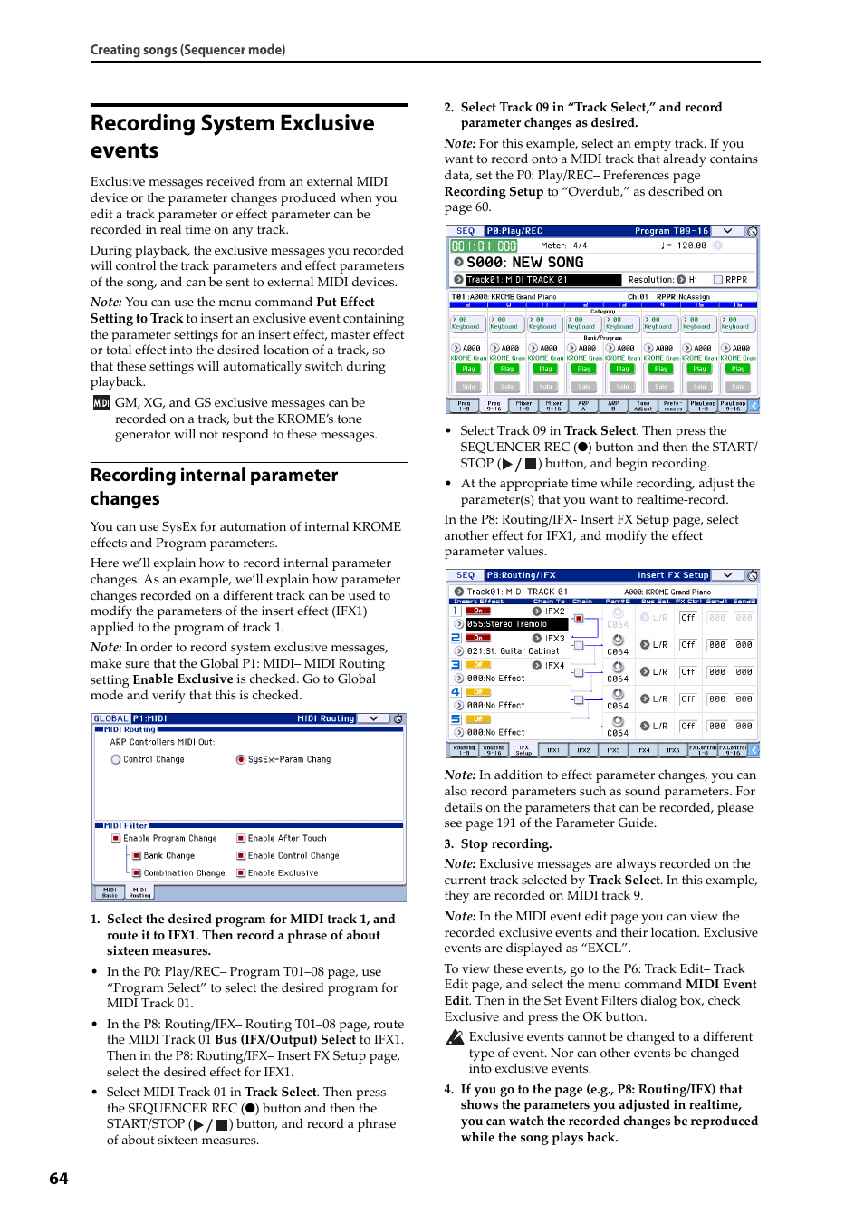 Recording system exclusive events, Recording internal parameter changes | KORG Krome music workstasion 61key User Manual | Page 68 / 142
