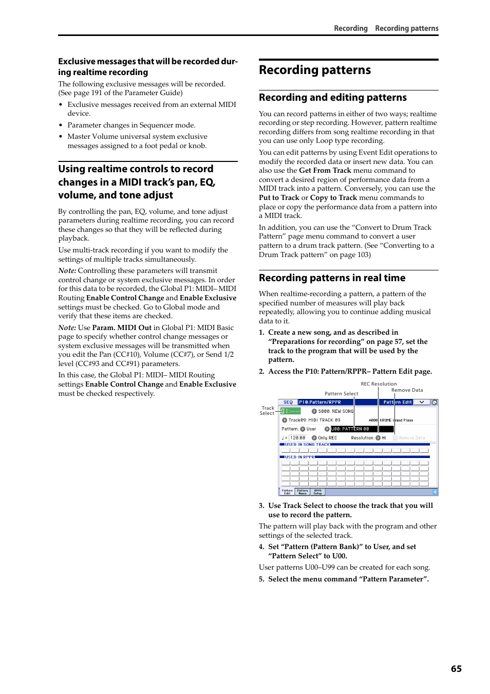 Recording patterns, Recording and editing patterns, Recording patterns in real time | KORG Krome music workstasion 61key User Manual | Page 69 / 142
