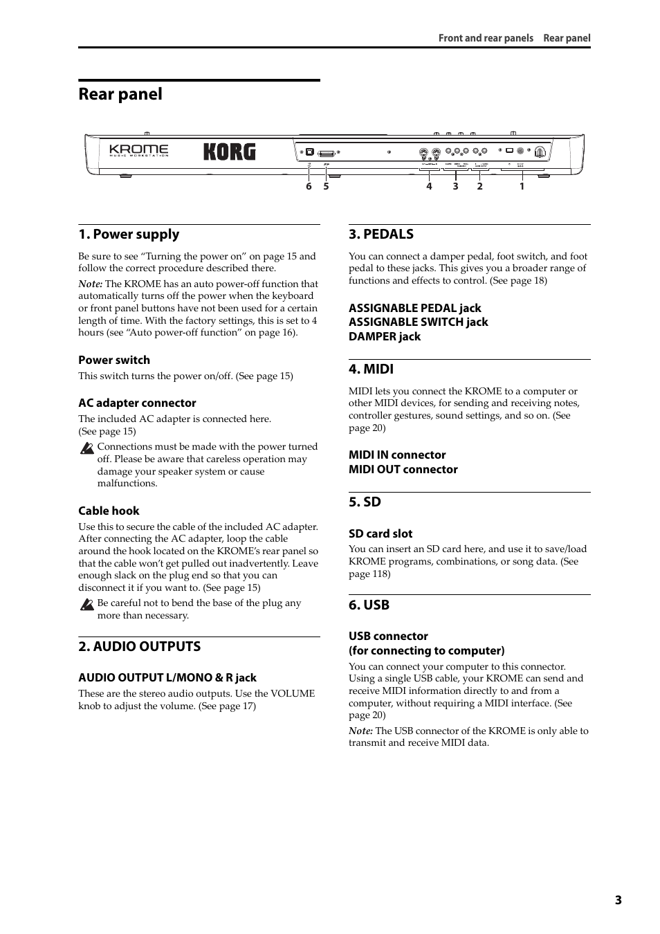 Rear panel, Power supply, Audio outputs | Pedals, Midi | KORG Krome music workstasion 61key User Manual | Page 7 / 142