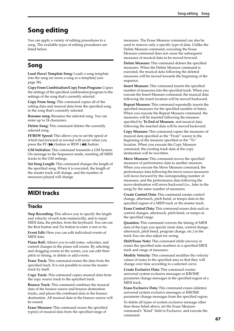 Song editing, Song, Midi tracks | Song editing song midi tracks, Tracks | KORG Krome music workstasion 61key User Manual | Page 71 / 142