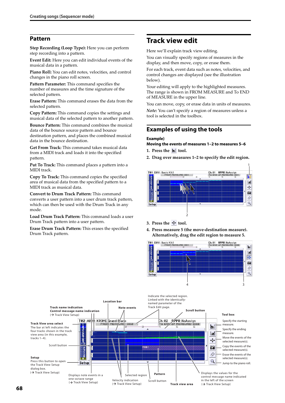 Track view edit, Pattern, Examples of using the tools | KORG Krome music workstasion 61key User Manual | Page 72 / 142