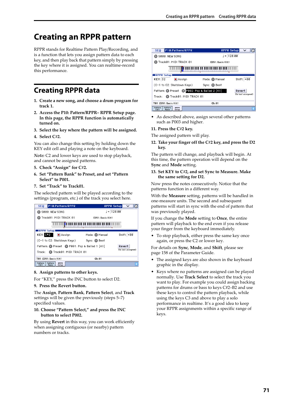 Creating an rppr pattern, Creating rppr data, Creating an rppr pattern creating rppr data | KORG Krome music workstasion 61key User Manual | Page 75 / 142