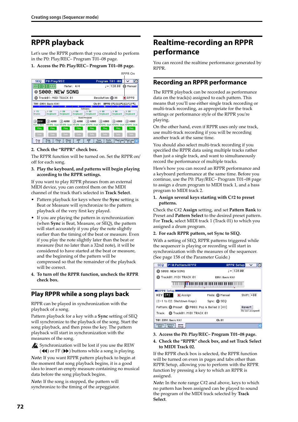 Rppr playback, Realtime-recording an rppr performance, Play rppr while a song plays back | Recording an rppr performance | KORG Krome music workstasion 61key User Manual | Page 76 / 142