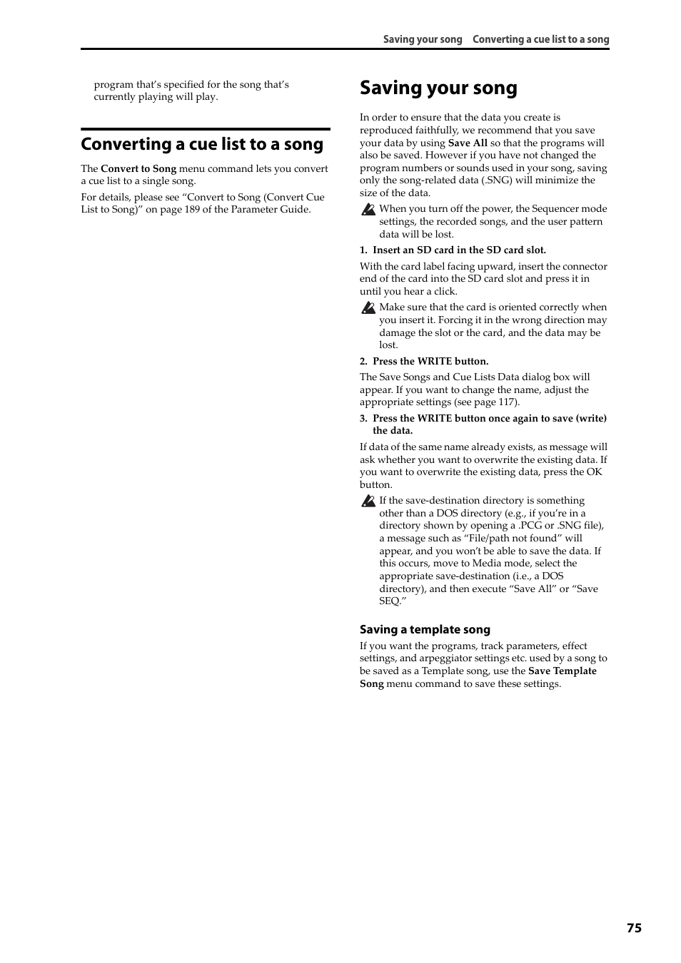 Converting a cue list to a song, Saving your song, P.75 | KORG Krome music workstasion 61key User Manual | Page 79 / 142
