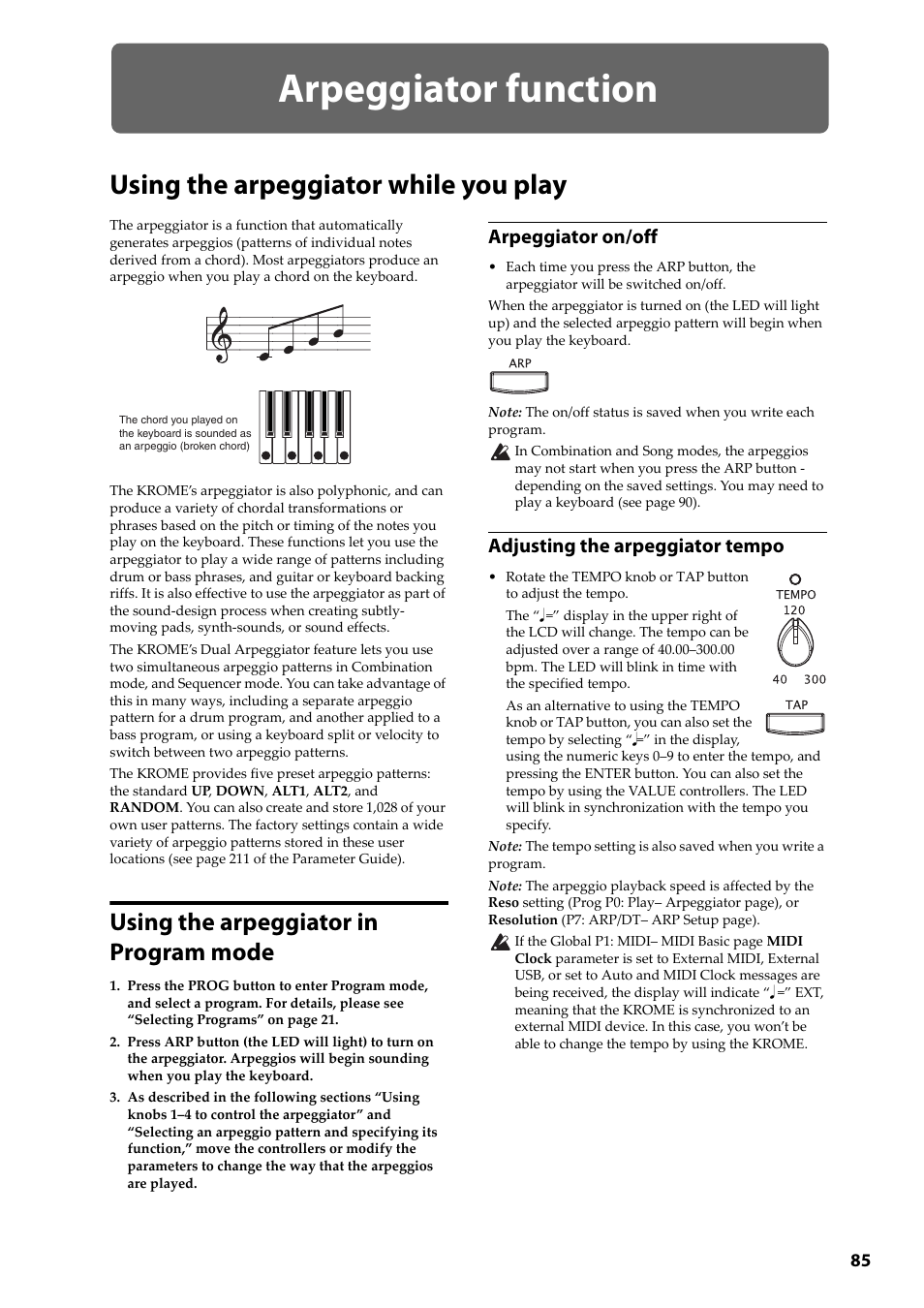 Arpeggiator function, Using the arpeggiator while you play, Using the arpeggiator in program mode | Arpeggiator on/off, Adjusting the arpeggiator tempo | KORG Krome music workstasion 61key User Manual | Page 89 / 142