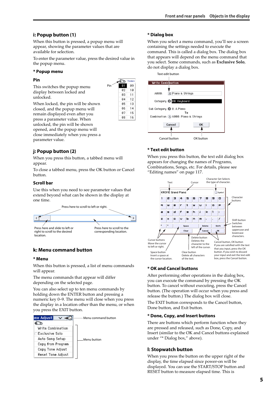I: popup button (1), J: popup button (2), K: menu command button | L: stopwatch button | KORG Krome music workstasion 61key User Manual | Page 9 / 142