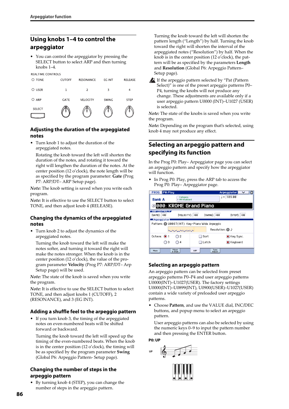 Using, Knobs 1–4 to control the arpeggiator, Using knobs 1–4 to control the arpeggiator | KORG Krome music workstasion 61key User Manual | Page 90 / 142