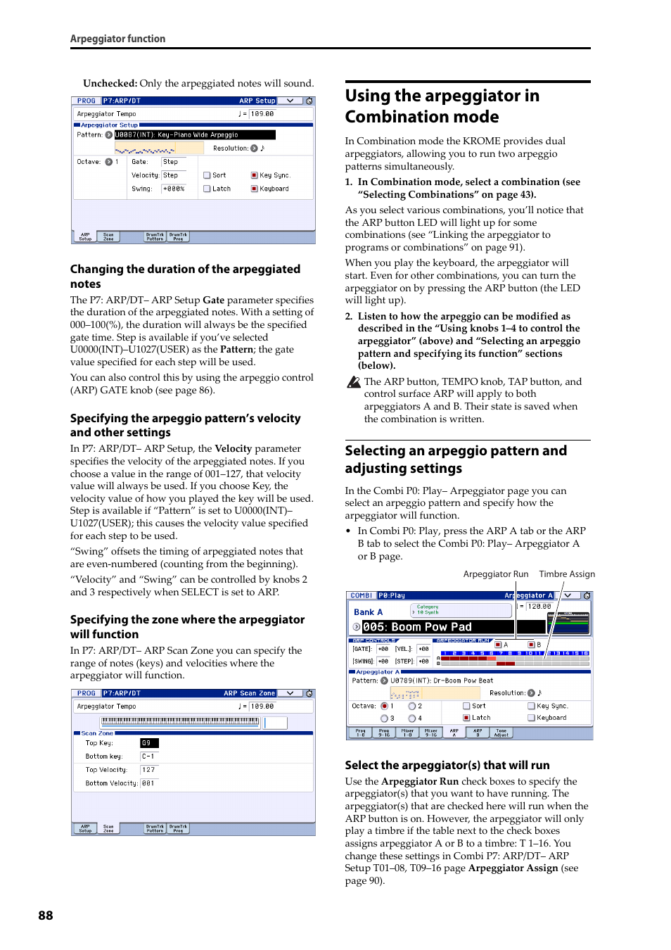 Using the arpeggiator in combination mode | KORG Krome music workstasion 61key User Manual | Page 92 / 142