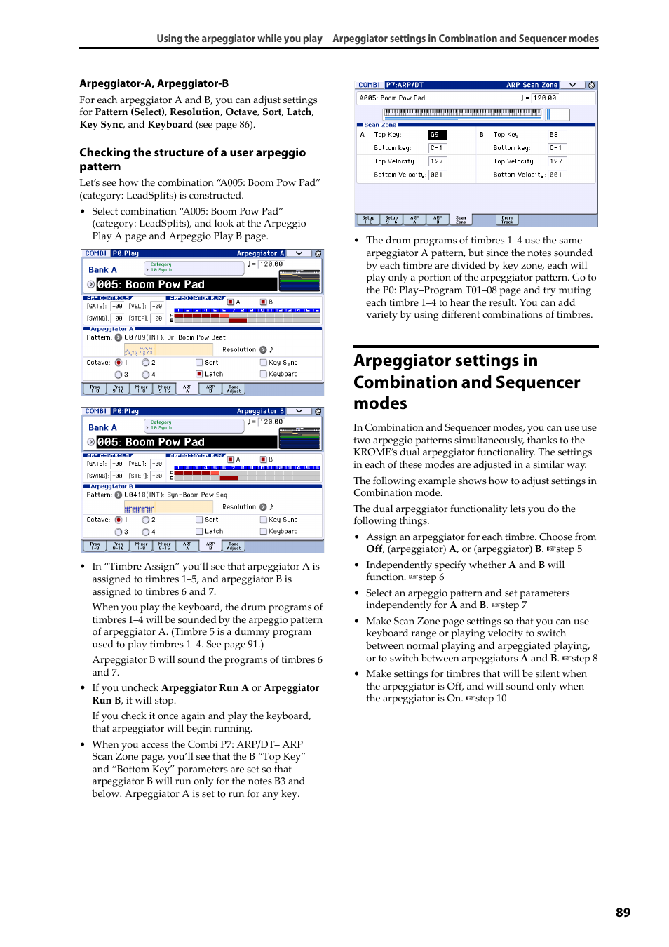 Arpeggiator settings in combination and, Sequencer modes | KORG Krome music workstasion 61key User Manual | Page 93 / 142