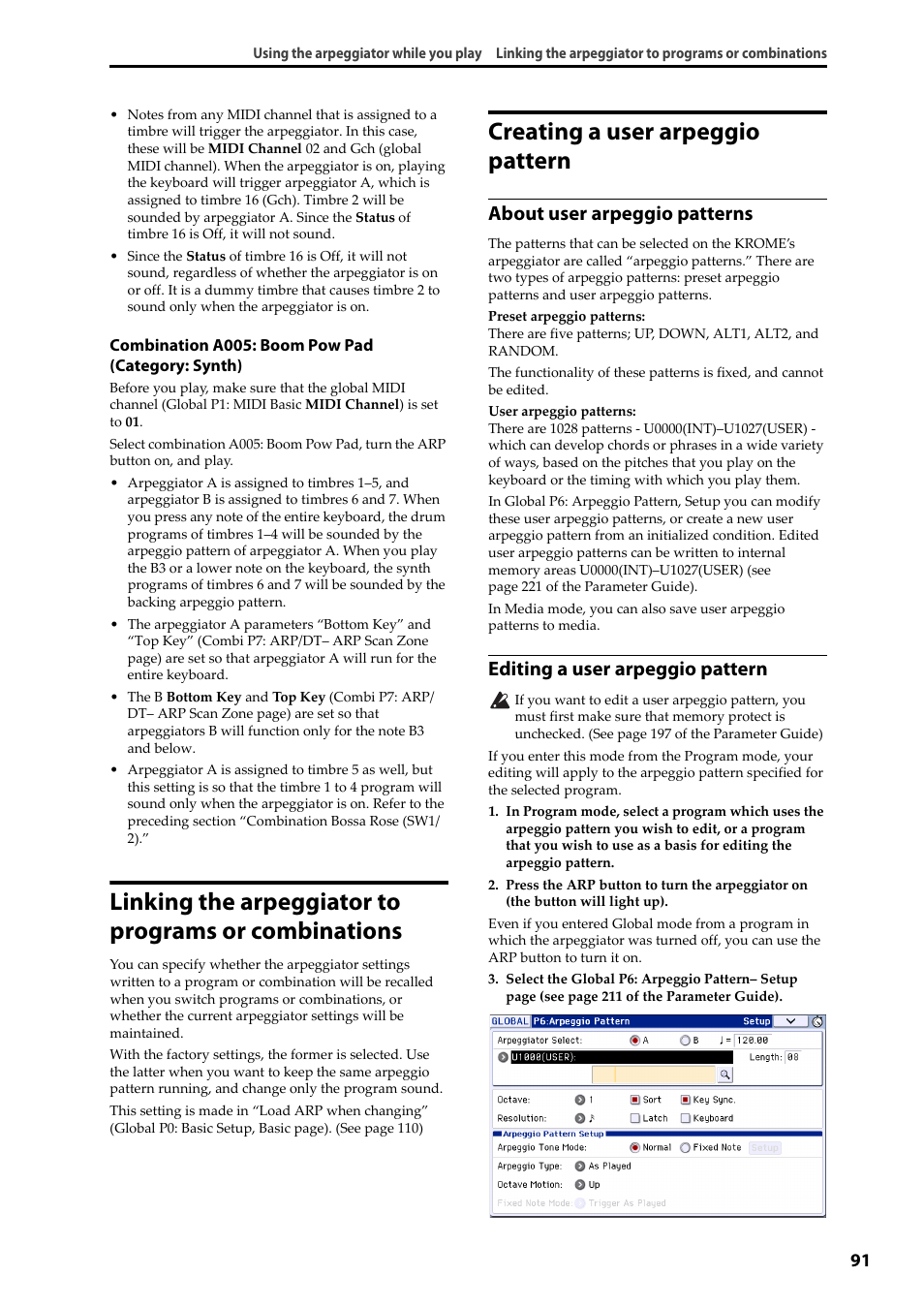 Creating a user arpeggio pattern, Linking the arpeggiator to programs or, Combinations | About user arpeggio patterns, Editing a user arpeggio pattern | KORG Krome music workstasion 61key User Manual | Page 95 / 142