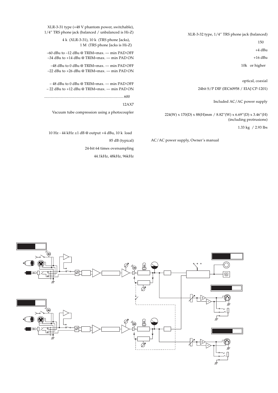 Specifications, Block diagram, Block diagram specifications | Tp-2 [ tube preamp, Input 1 input 2, Output 2 output 1 s/pdif out | KORG TP-2 User Manual | Page 2 / 4