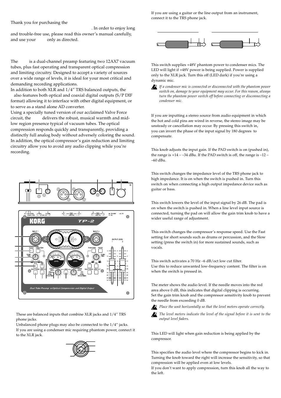 Introduction, Features, Parts and their function | KORG TP-2 User Manual | Page 3 / 4