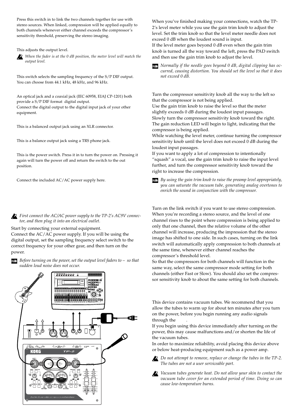 Operation, A note about the vacuum tubes, 1. connections | 2. adjusting the input level, 3. using the compressor, 4. using the link switch | KORG TP-2 User Manual | Page 4 / 4