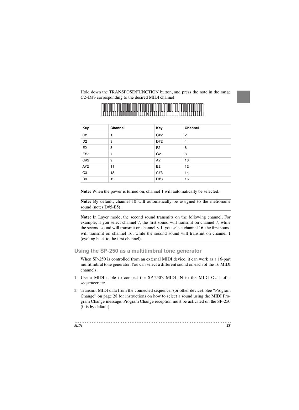 Using the sp-250 as a multitimbral tone generator | KORG SP 250 User Manual | Page 25 / 51