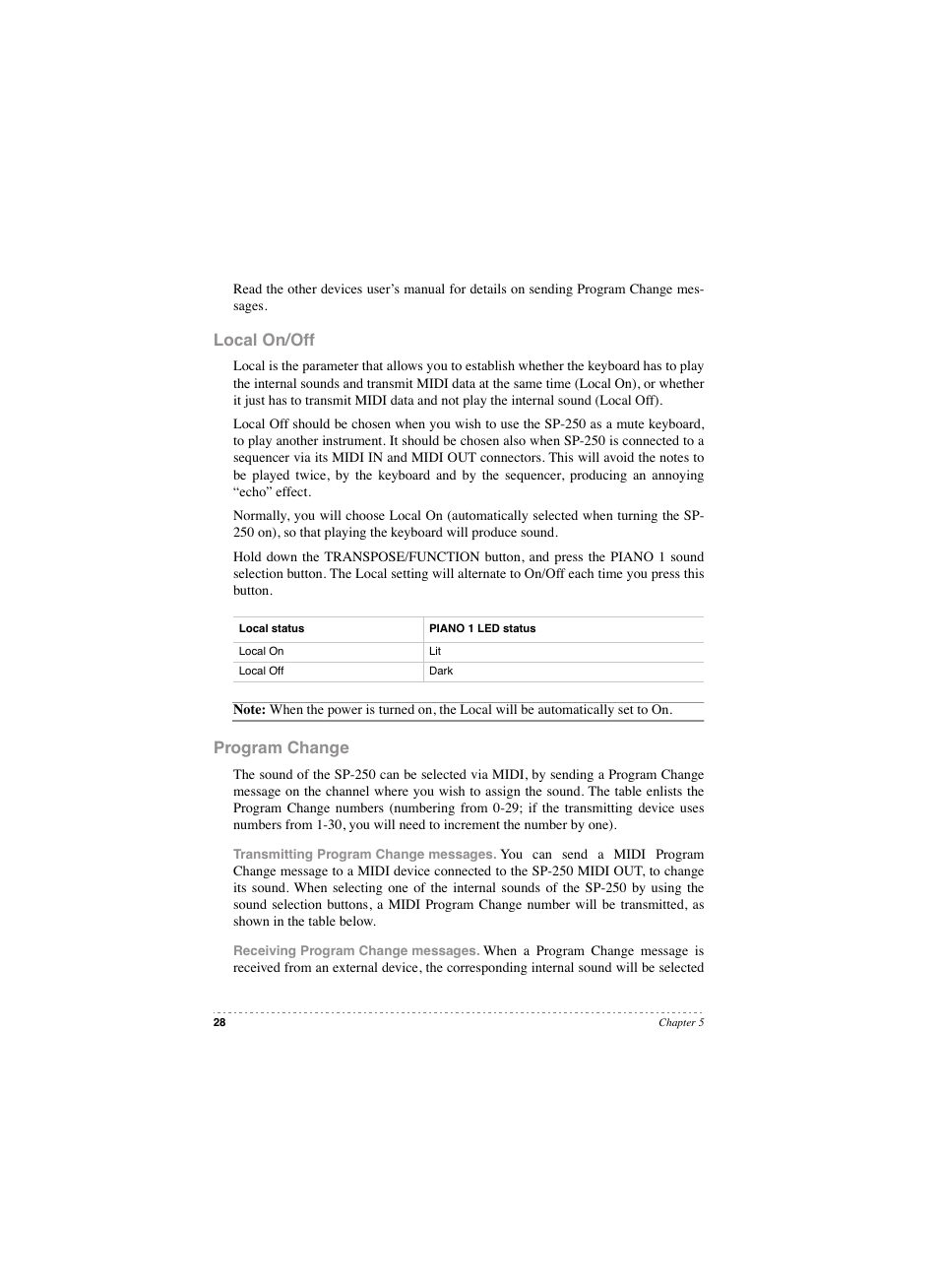 Local on/off program change, Local on/off, Program change | KORG SP 250 User Manual | Page 26 / 51