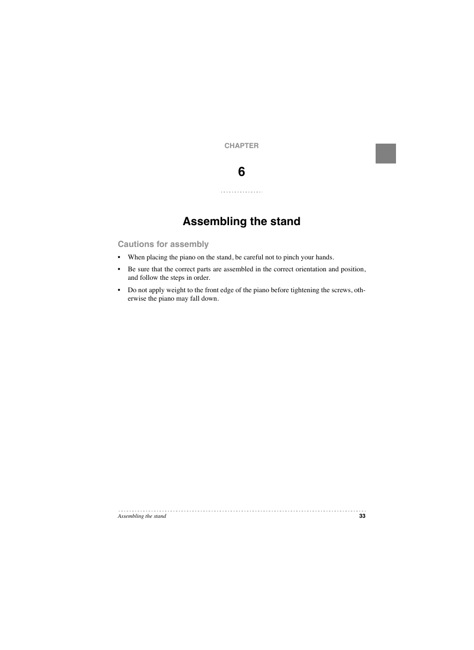 Chapter 6: stand assembly, Assembling the stand, Cautions for assembly | KORG SP 250 User Manual | Page 31 / 51