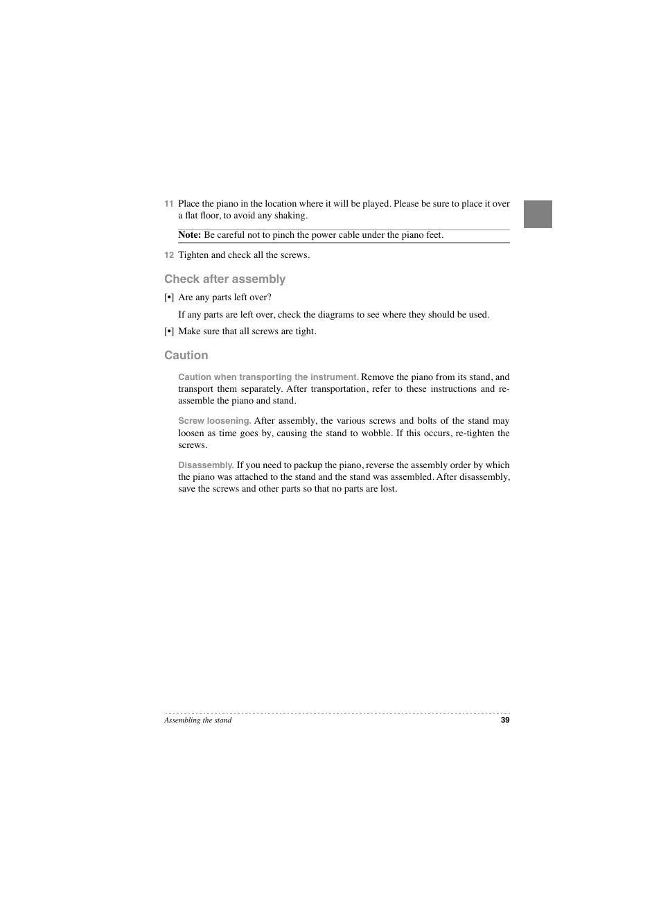 Check after assembly caution, Check after assembly, Caution | KORG SP 250 User Manual | Page 37 / 51