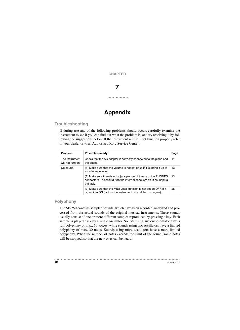 Chapter 7: appendix, Appendix, Troubleshooting polyphony | Troubleshooting, Polyphony | KORG SP 250 User Manual | Page 38 / 51