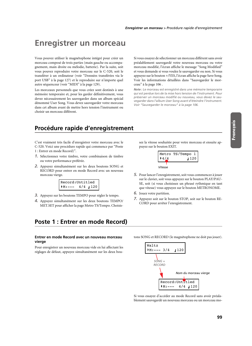 Enregistrer un morceau, Procédure rapide d’enregistrement, Poste 1 : entrer en mode record) | KORG C-520 User Manual | Page 101 / 298