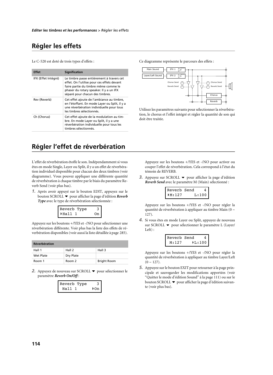 Régler les effets, Régler l’effet de réverbération, Régler les effets régler l’effet de réverbération | KORG C-520 User Manual | Page 116 / 298