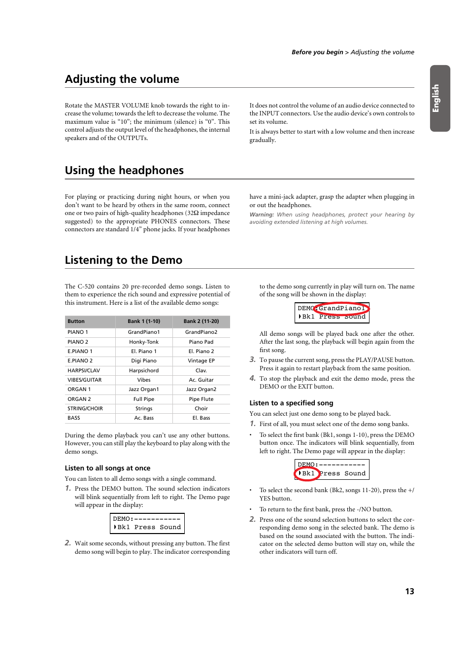 Adjusting the volume, Using the headphones, Listening to the demo | Listen to all songs at once, Listen to a specified song | KORG C-520 User Manual | Page 15 / 298