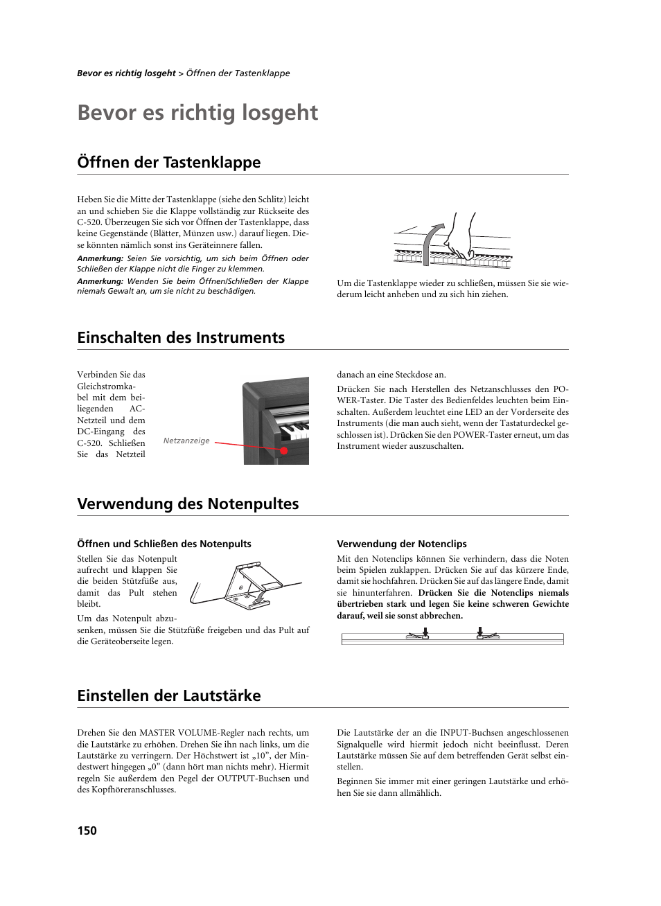 Bevor es richtig losgeht, Öffnen der tastenklappe, Einschalten des instruments | Verwendung des notenpultes, Öffnen und schließen des notenpults, Verwendung der notenclips, Einstellen der lautstärke | KORG C-520 User Manual | Page 152 / 298