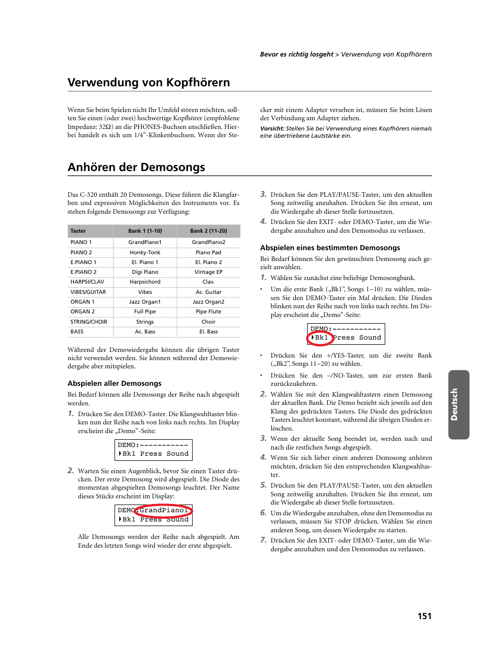 Verwendung von kopfhörern, Anhören der demosongs, Abspielen aller demosongs | Abspielen eines bestimmten demosongs, Verwendung von kopfhörern anhören der demosongs, Seite, 151). w | KORG C-520 User Manual | Page 153 / 298